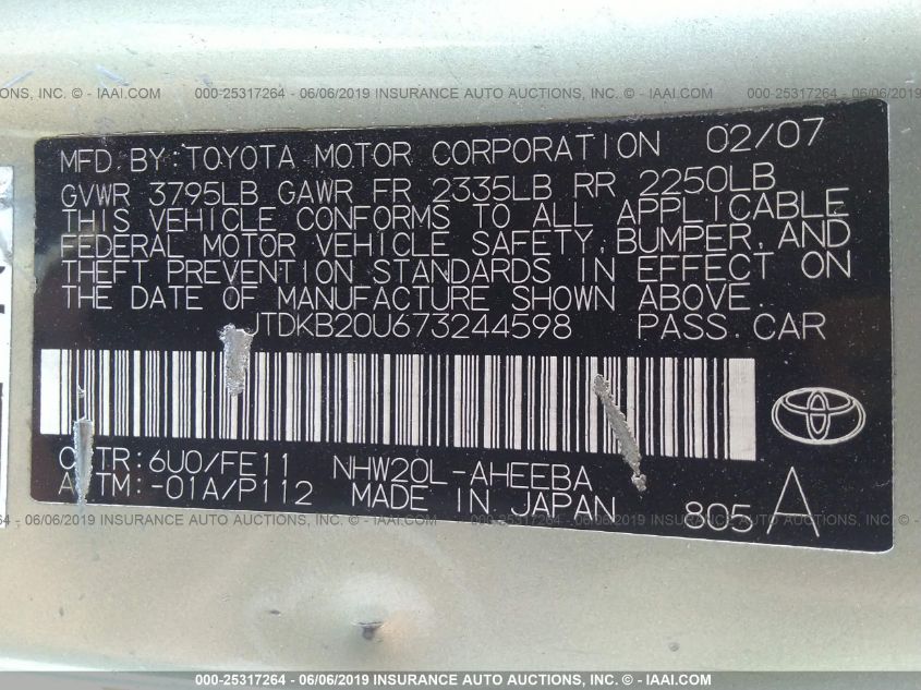 2007 Toyota Prius VIN: JTDKB20U673244598 Lot: 25317264