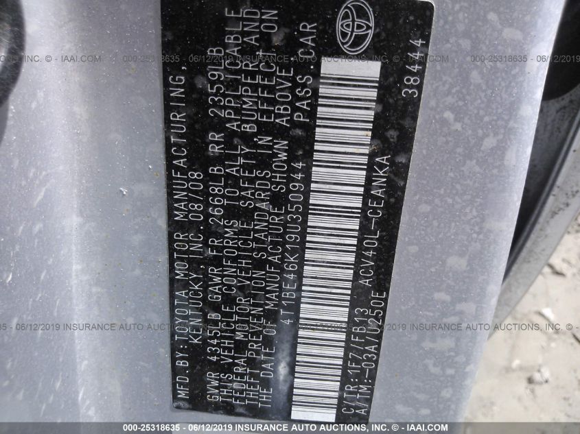 2009 Toyota Camry Le VIN: 4T1BE46K19U350944 Lot: 25318635