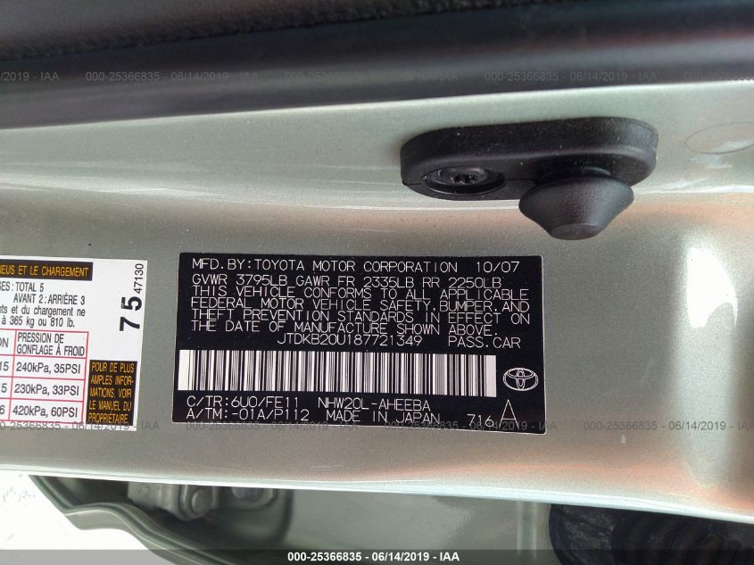 2008 Toyota Prius Base (Cvt-E) VIN: JTDKB20U187721349 Lot: 25366835