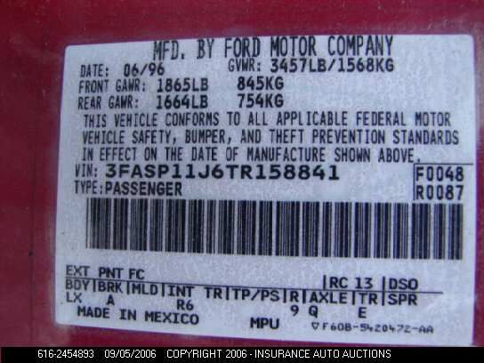 1996 Ford Escort VIN: 3FASP11J6TR158841 Lot: 2454893