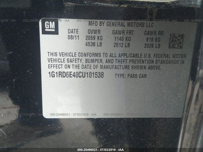 1G1RD6E40CU101538 2012 Chevrolet Volt