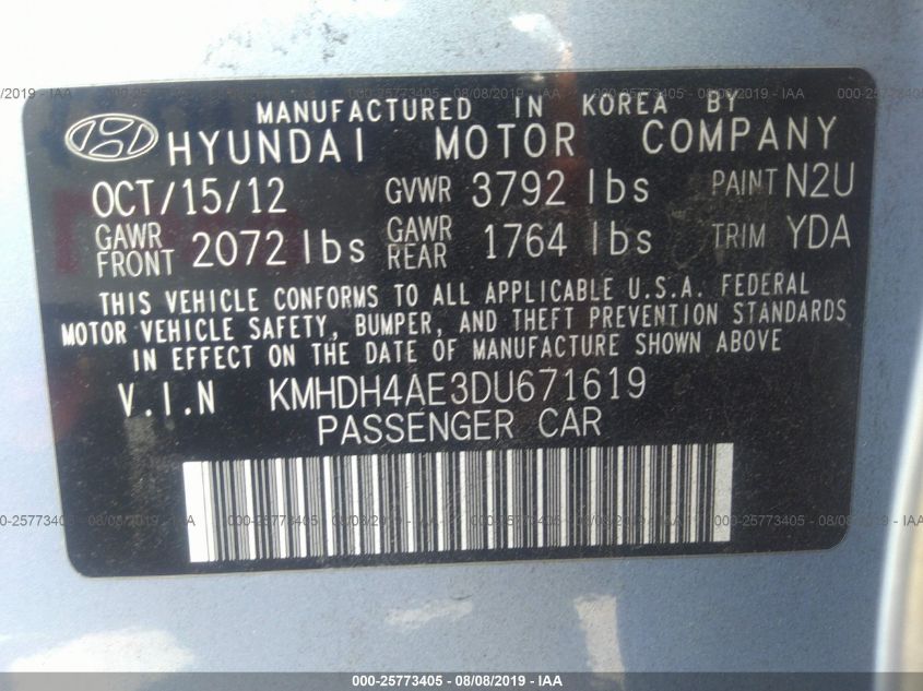 KMHDH4AE3DU671619 2013 Hyundai Elantra Limited (Ulsan Plant)