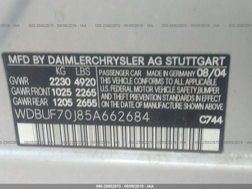 2005 Mercedes-Benz E 500 VIN: WDBUF70J85A662684 Lot: 25802870