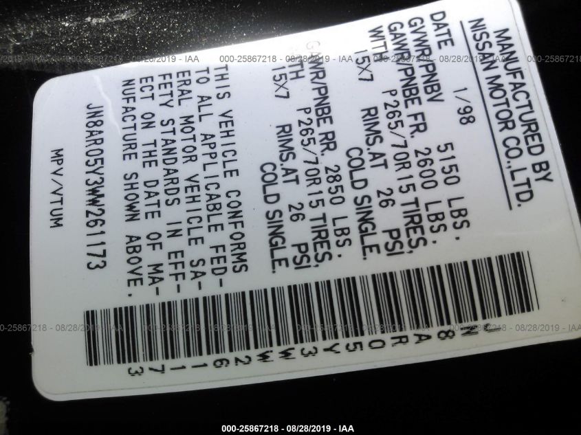 1998 Nissan Pathfinder Le/Xe/Se VIN: JN8AR05Y3WW261173 Lot: 25867218