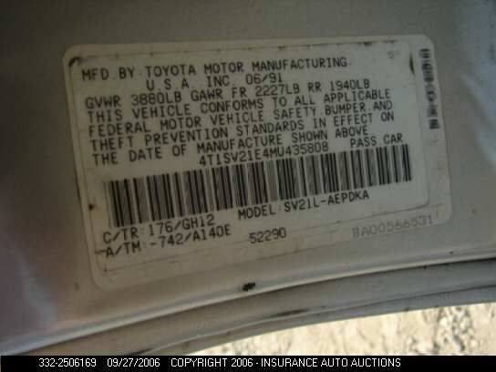 1991 Toyota Camry VIN: 4T1SV21E4MU435808 Lot: 2506169