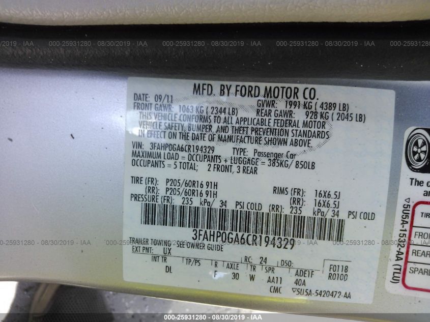 3FAHP0GA6CR194329 2012 Ford Fusion S