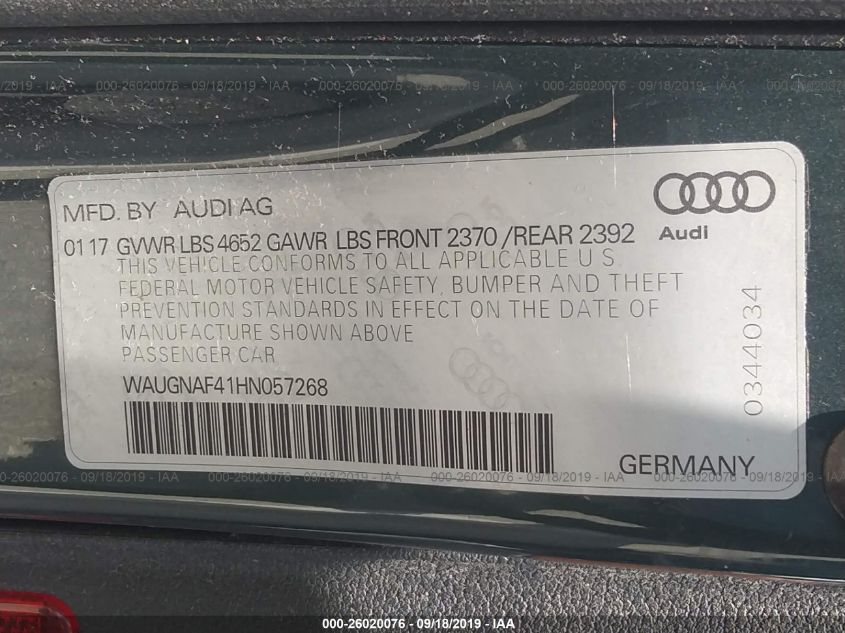 2017 Audi A4 2.0T Premium VIN: WAUGNAF41HN057268 Lot: 26020076