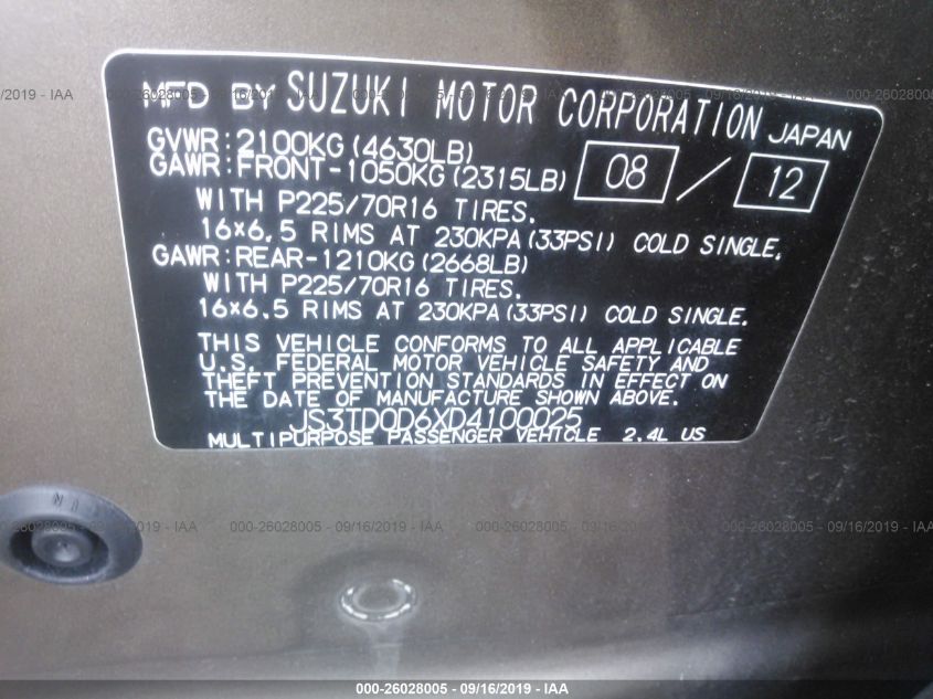 VIN JS3TD0D6XD4100025 2013 Suzuki Grand Vitara, Pre... no.9