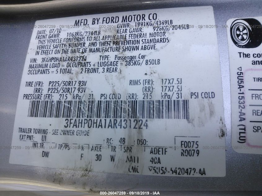 3FAHP0HA1AR431224 2010 Ford Fusion Se