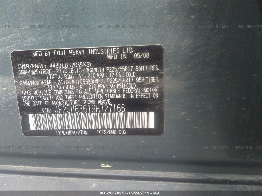 2009 Subaru Forester 2.5X VIN: JF2SH63619H727166 Lot: 26078278