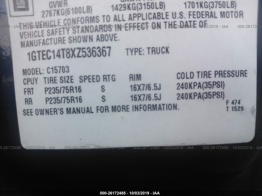 1999 GMC New Sierra C1500 VIN: 1GTEC14T8XZ536367 Lot: 26172485