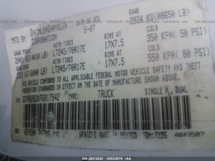2007 Dodge Ram 2500 VIN: 3D7KR26DX7G817542 Lot: 26214243