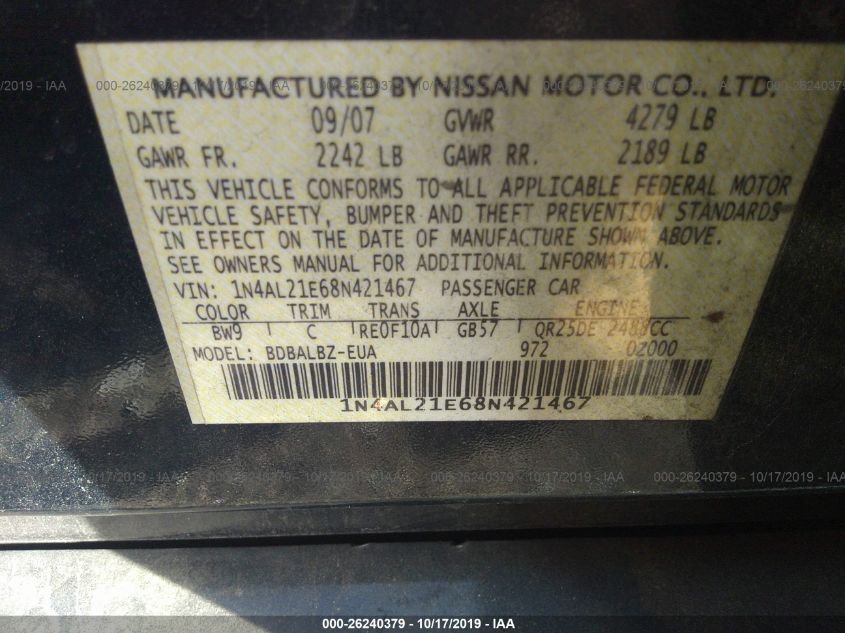 1N4AL21E68N421467 2008 Nissan Altima 2.5 S