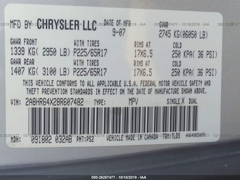 2008 Chrysler Town & Country Limited VIN: 2A8HR64X28R607482 Lot: 26257477