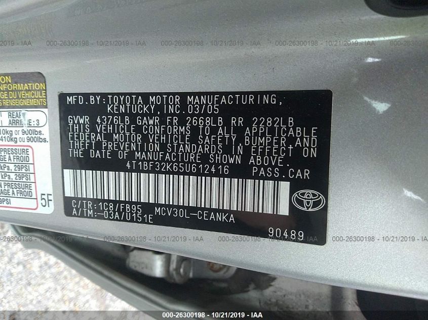 4T1BF32K65U612416 2005 Toyota Camry Le V6