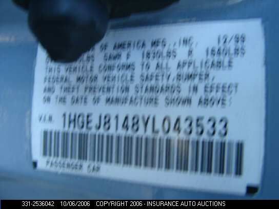 2000 Honda Civic VIN: 1HGEJ8148YLD43533 Lot: 2536042