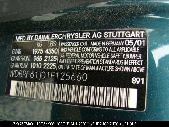 2001 Mercedes-Benz C240 VIN: WDBRF61J01F125660 Lot: 2537408