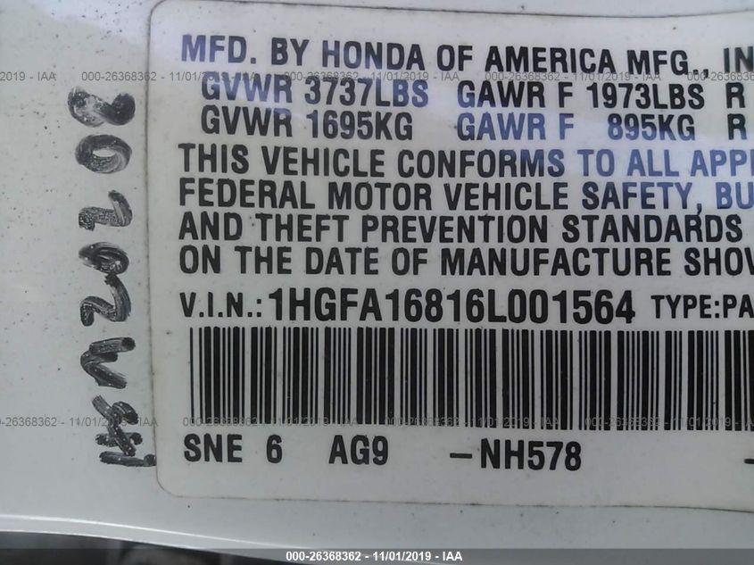 1HGFA16816L001564 2006 Honda Civic Ex