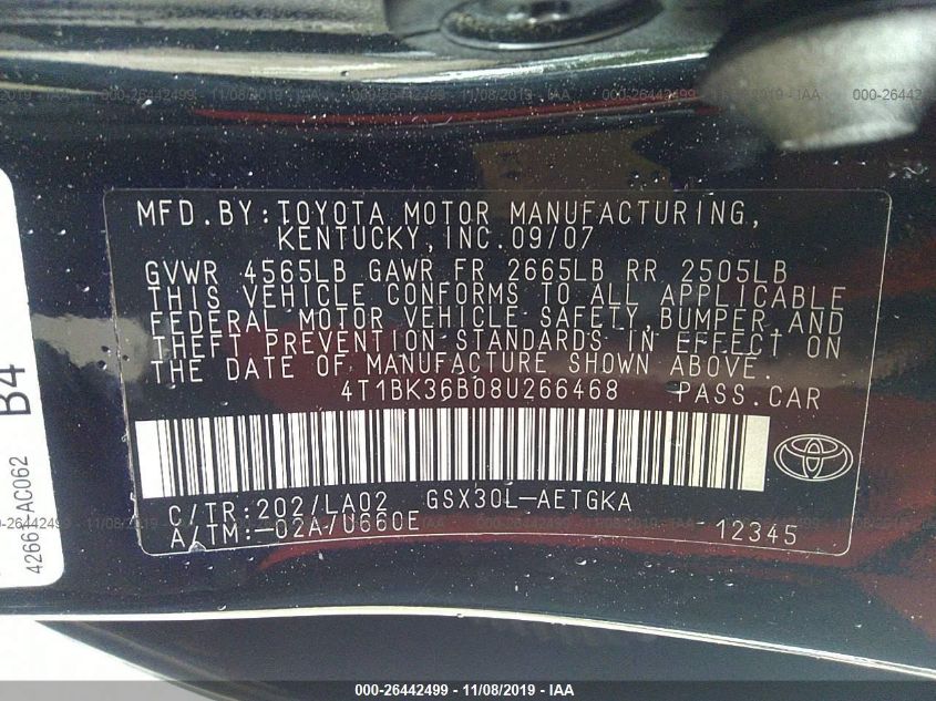 4T1BK36B08U266468 2008 Toyota Avalon Xls