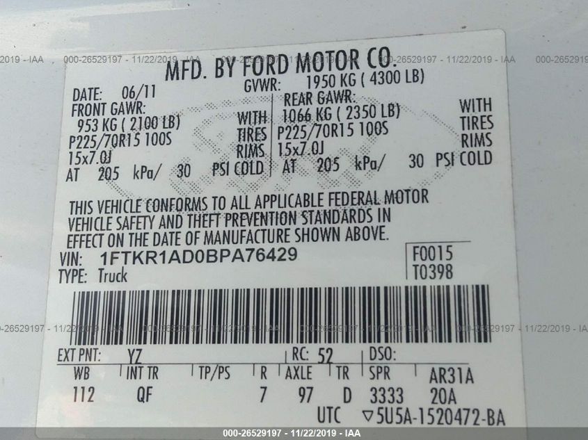 1FTKR1AD0BPA76429 2011 Ford Ranger Xl