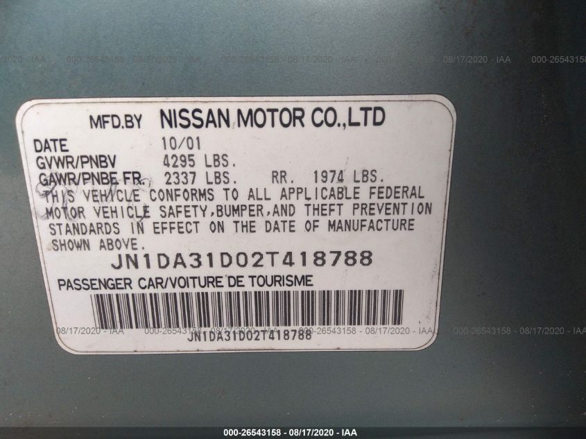 JN1DA31D02T418788 2002 Nissan Maxima Se