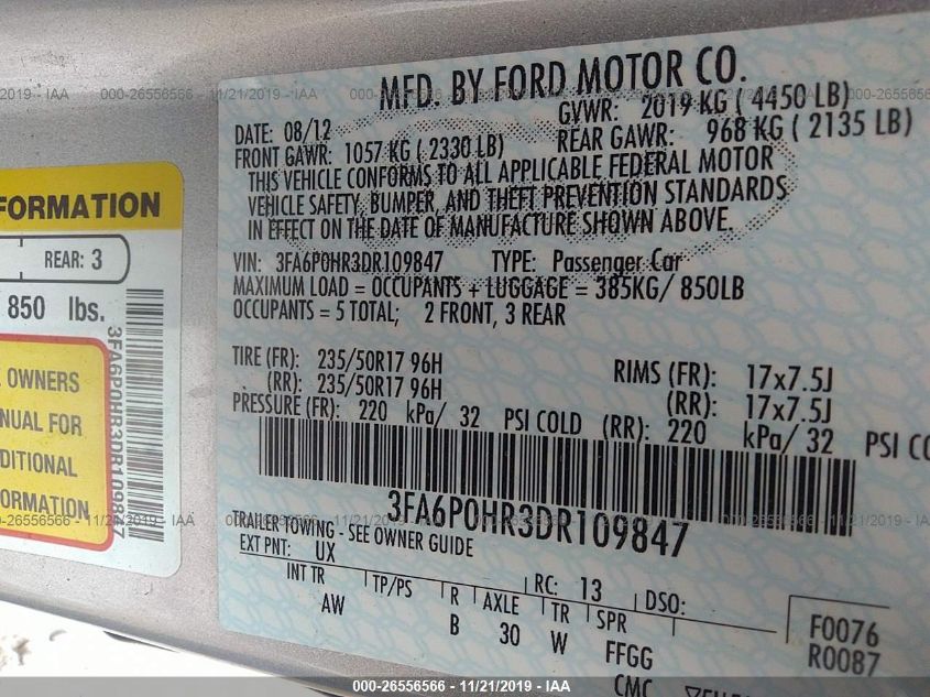 3FA6P0HR3DR109847 2013 Ford Fusion Se