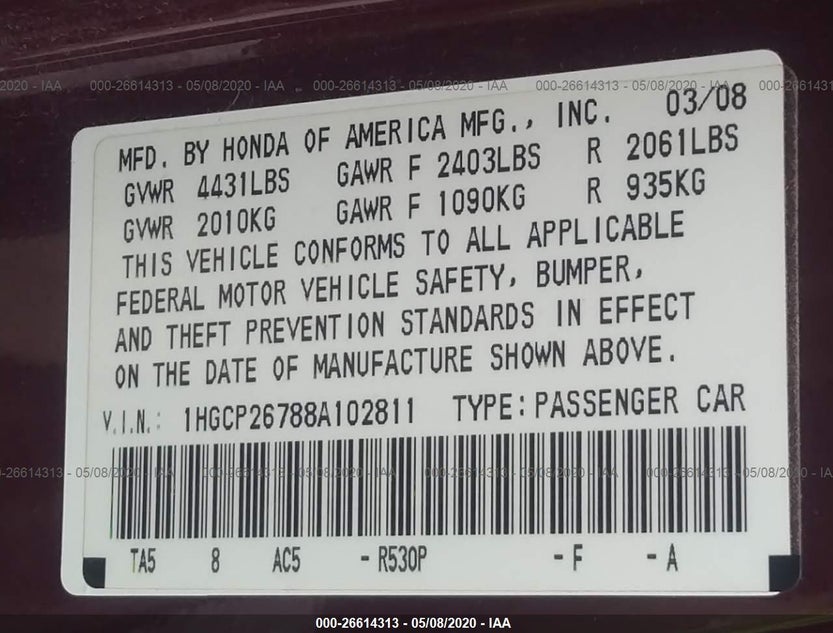 1HGCP26788A102811