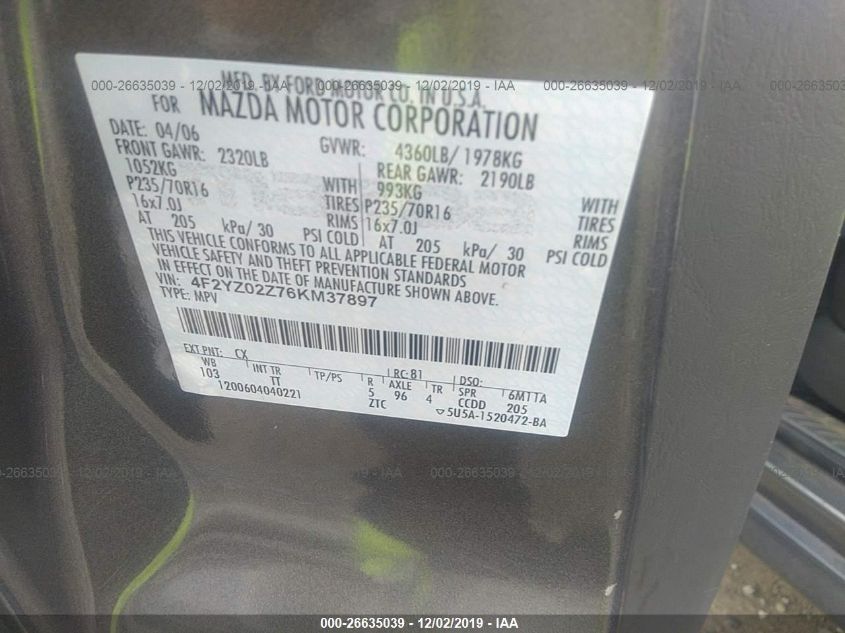 2006 Mazda Tribute I VIN: 4F2YZ02Z76KM37897 Lot: 26635039