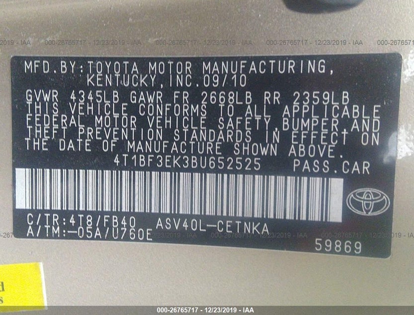 4T1BF3EK3BU652525