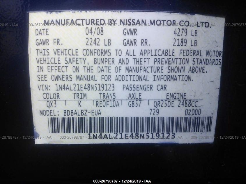 1N4AL21E48N519123 2008 Nissan Altima 2.5 S