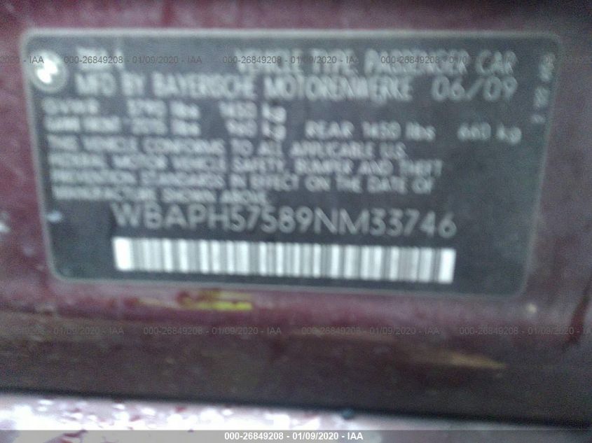 2009 BMW 328I VIN: WBAPH57589NM33746 Lot: 26849208