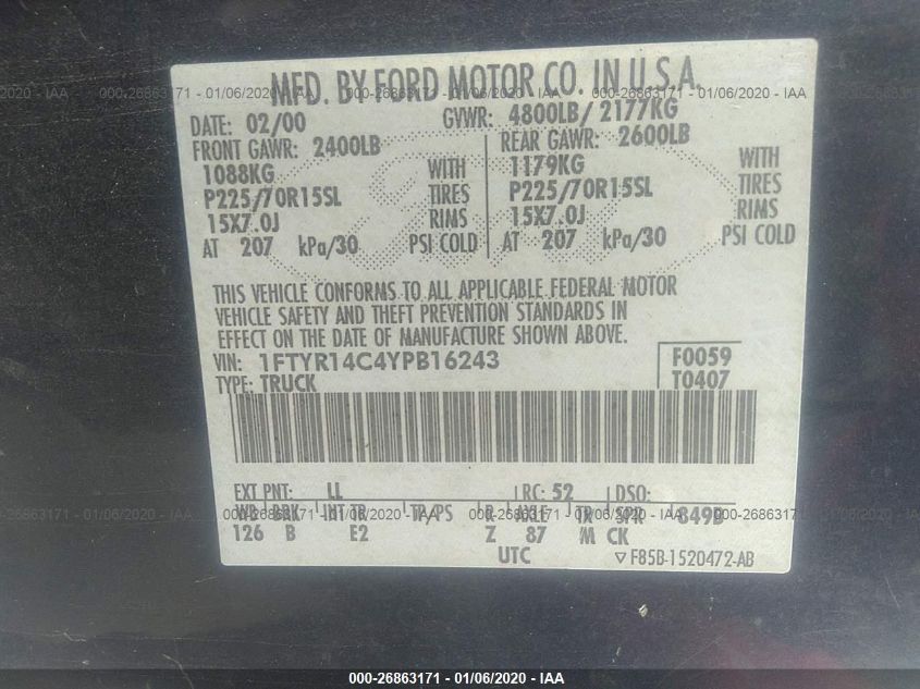 2000 Ford Ranger Xlt/Xl VIN: 1FTYR14C4YPB16243 Lot: 26863171