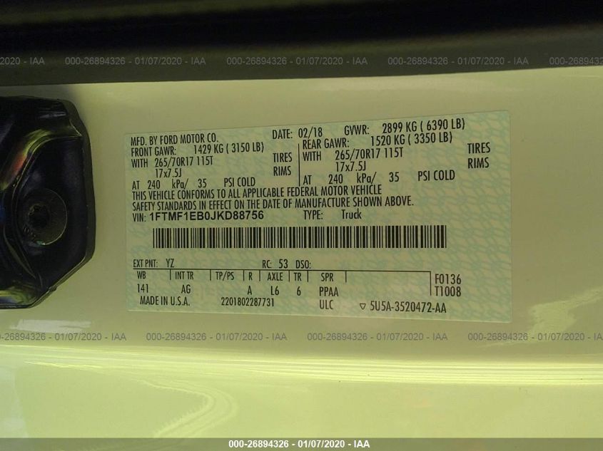 2018 Ford F-150 Xl VIN: 1FTMF1EB0JKD88756 Lot: 26894326