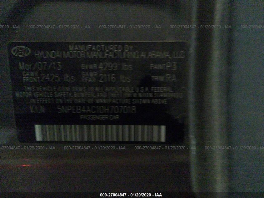 2013 Hyundai Sonata Gls VIN: 5NPEB4AC1DH707018 Lot: 27004847
