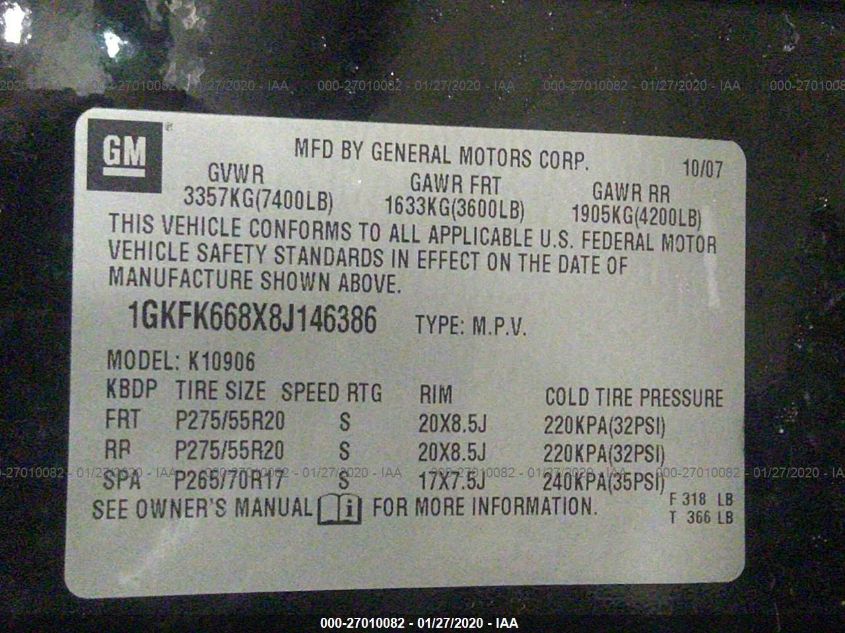 2008 GMC Yukon Xl Denali VIN: 1GKFK668X8J146386 Lot: 27010082
