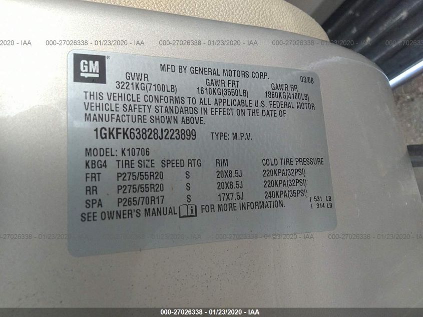 2008 GMC Yukon Denali VIN: 1GKFK63828J223899 Lot: 27026338