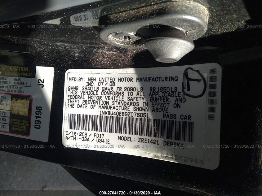 1NXBU40E89Z076051 2009 Toyota Corolla S