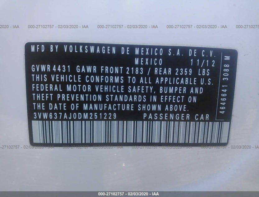 3VW637AJ0DM251229