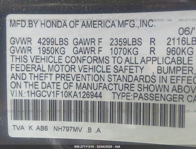 1HGCV1F10KA126944