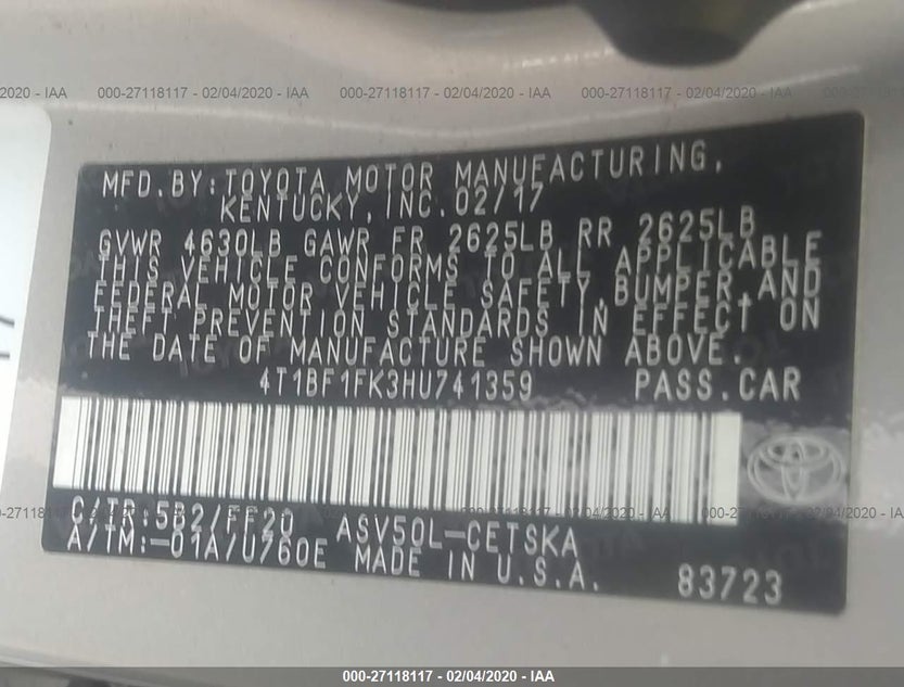 4T1BF1FK3HU741359