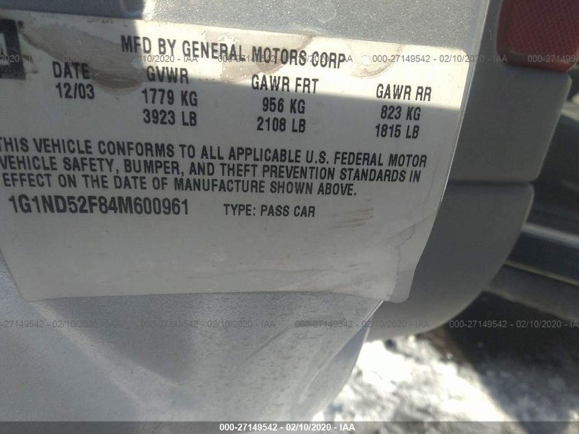 2004 Chevrolet Classic VIN: 1G1ND52F84M600961 Lot: 27149542