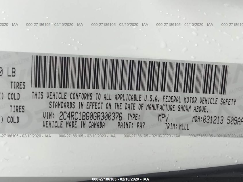 2016 Chrysler Town & Country Touring VIN: 2C4RC1BG0GR300376 Lot: 27186105