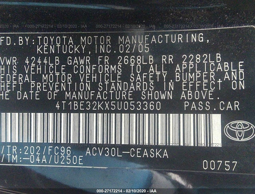 4T1BE32KX5U053360