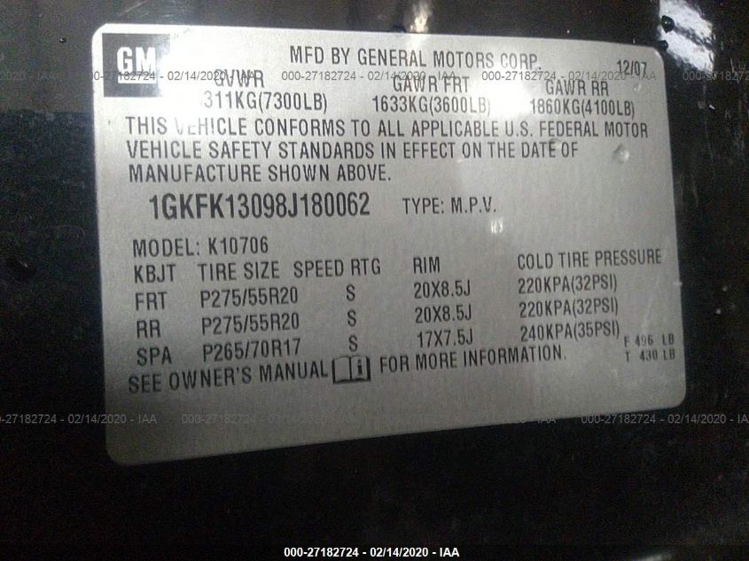 1GKFK13098J180062 2008 GMC Yukon