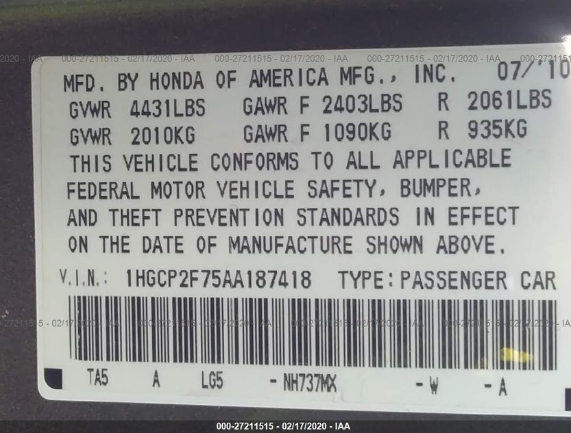 1HGCP2F75AA187418