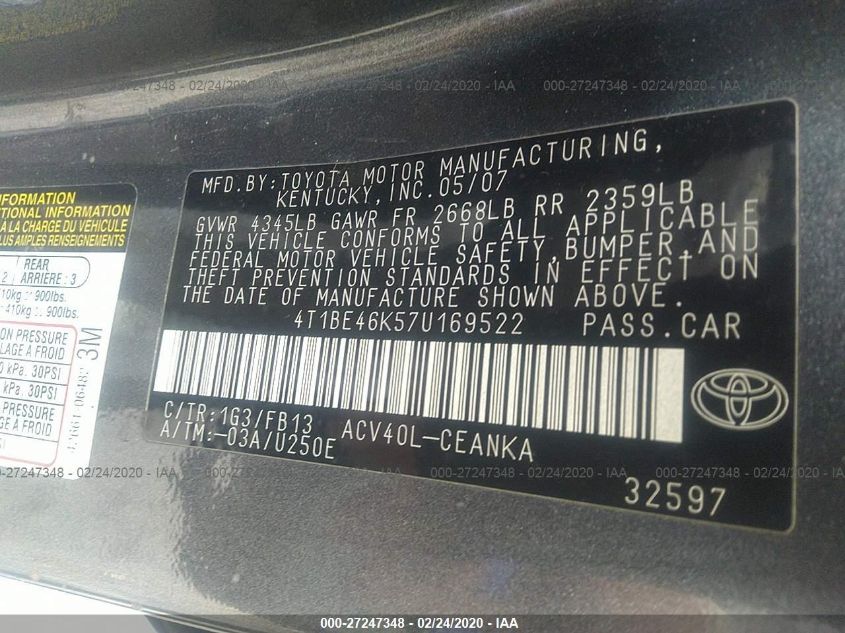 4T1BE46K57U169522 2007 Toyota Camry Ce/Le/Se/Xle