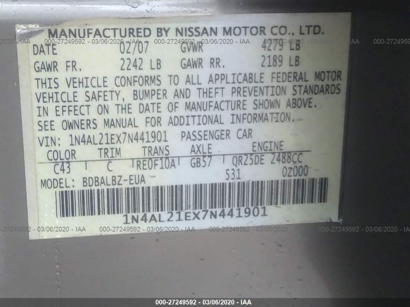 1N4AL21EX7N441901 2007 Nissan Altima 2.5/2.5S