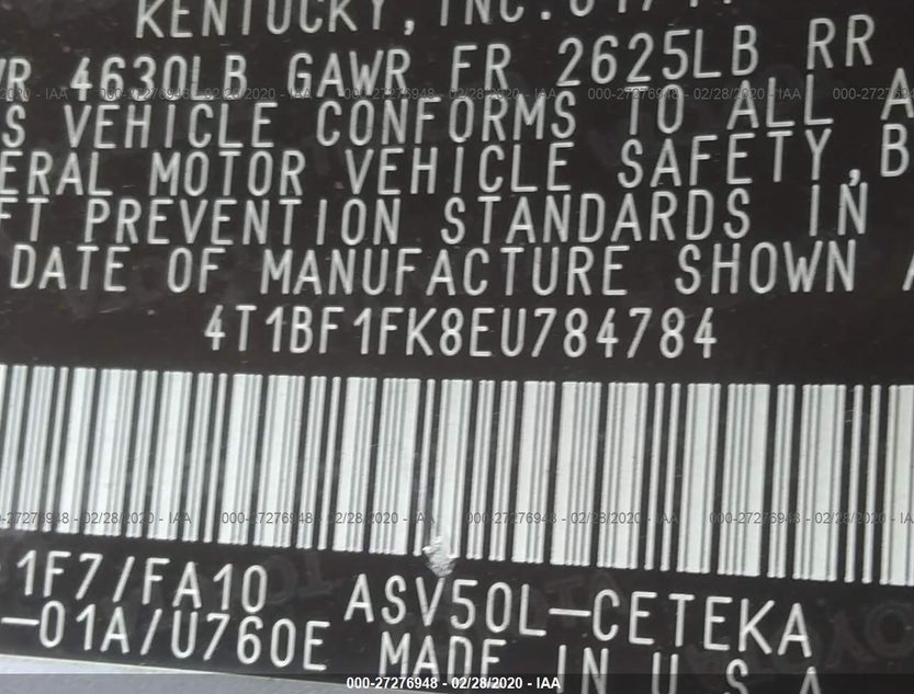 4T1BF1FK8EU784784