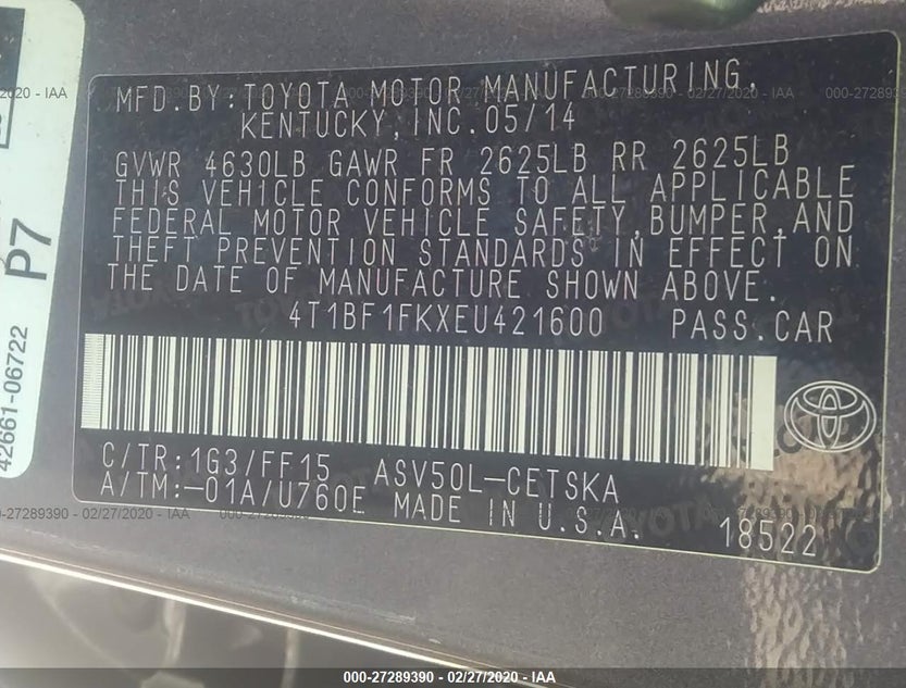 4T1BF1FKXEU421600