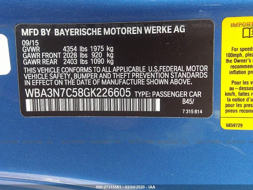 WBA3N7C58GK226605 2016 BMW 428I